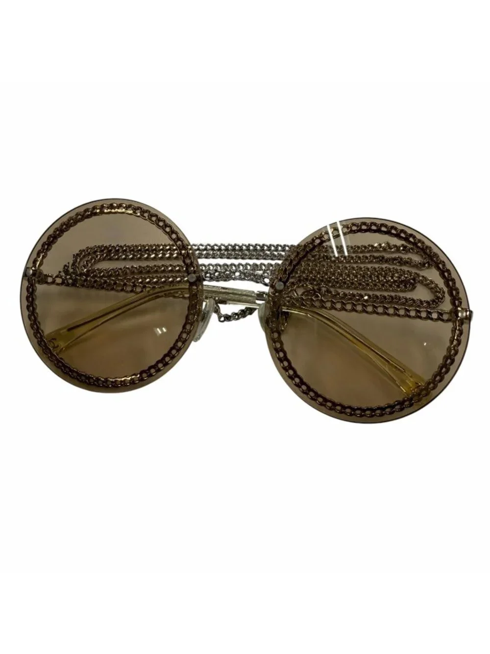 Chanel CC Logo Round Chain Glass Cord Sunglasses Silver Brown Demo Lens Eyewear